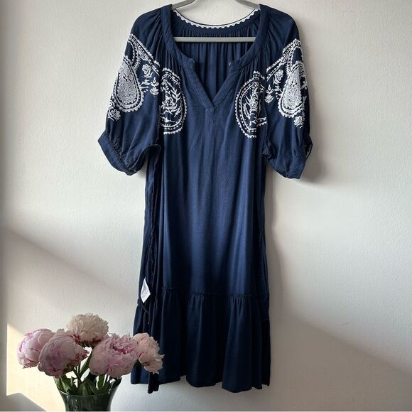TRIBAL Notch Neck Embroidered Dress in navy blue - Picture 7 of 14